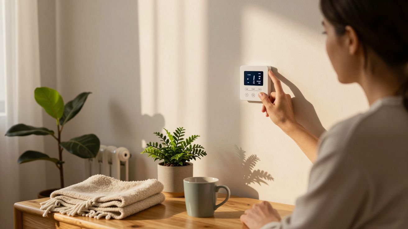 Mulher ajusta termostato na parede ao lado de planta e chávena em mesa de madeira iluminada pelo sol.