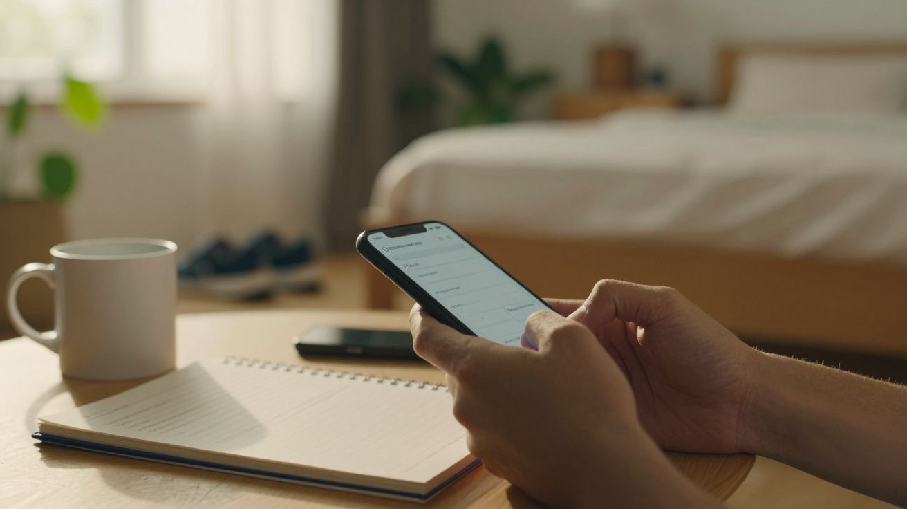 Pessoa usando smartphone na cama, com caderno e caneca sobre a mesa. Quarto iluminado com janela e plantas ao fundo.