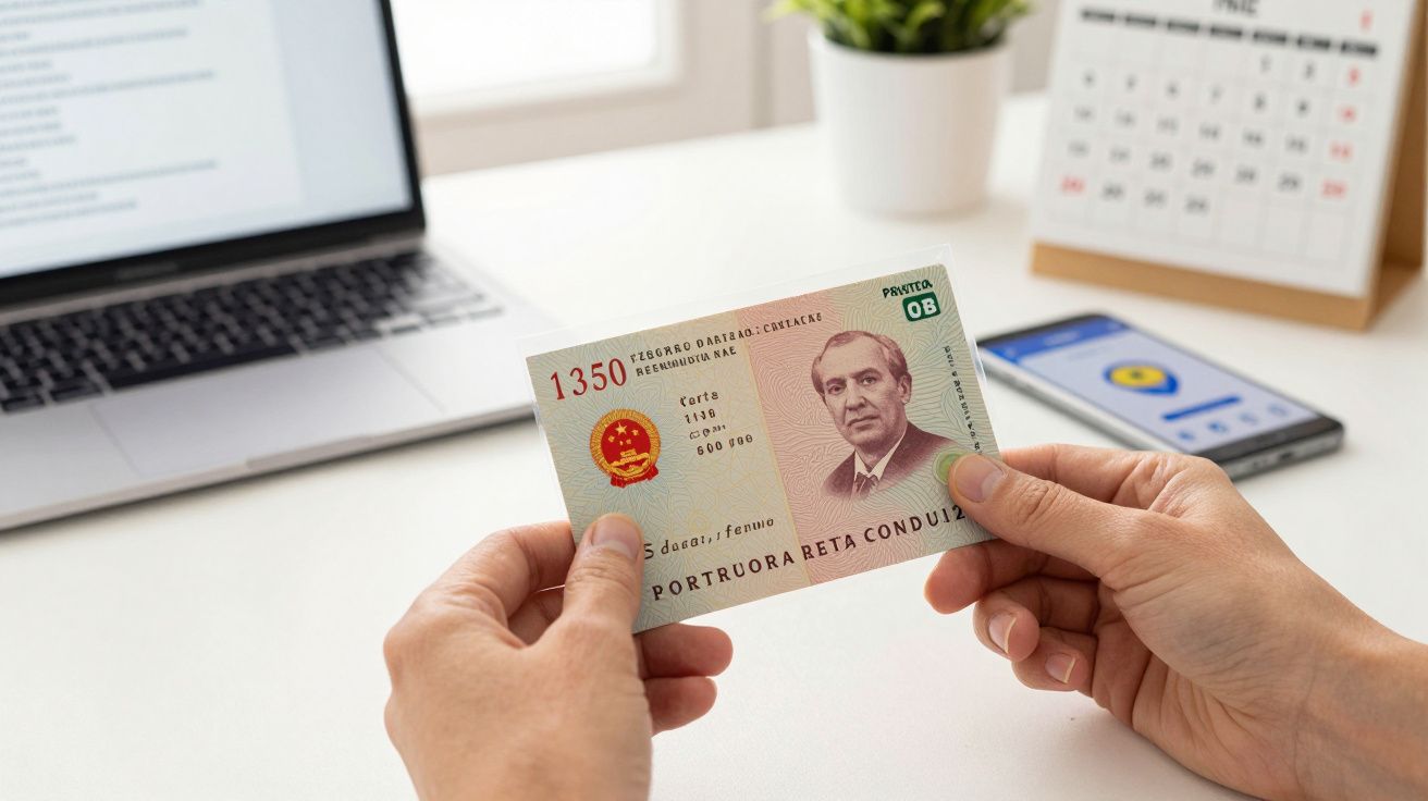 Mãos seguram cédula fictícia em escritório; laptop e telemóvel ao fundo.