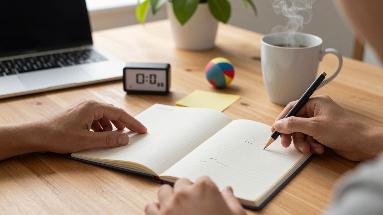 Pessoa escreve em caderno numa mesa com portátil, relógio, bola colorida e chávena de café.