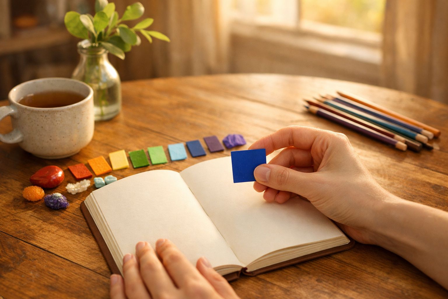 Mão segurando lápis sobre roda de cores numa mesa de madeira, junto a cadernos de esboços e um frasco de vidro com água.