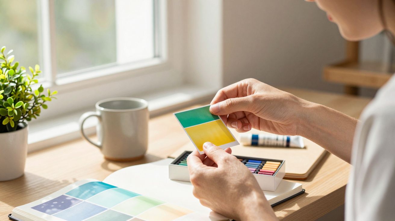 Pessoa segurando amostra de cor perto de uma janela, com material de pintura e planta no fundo.