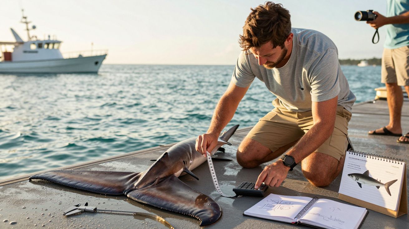 Cientista mede tubarão no cais junto ao mar, com barco ao fundo.