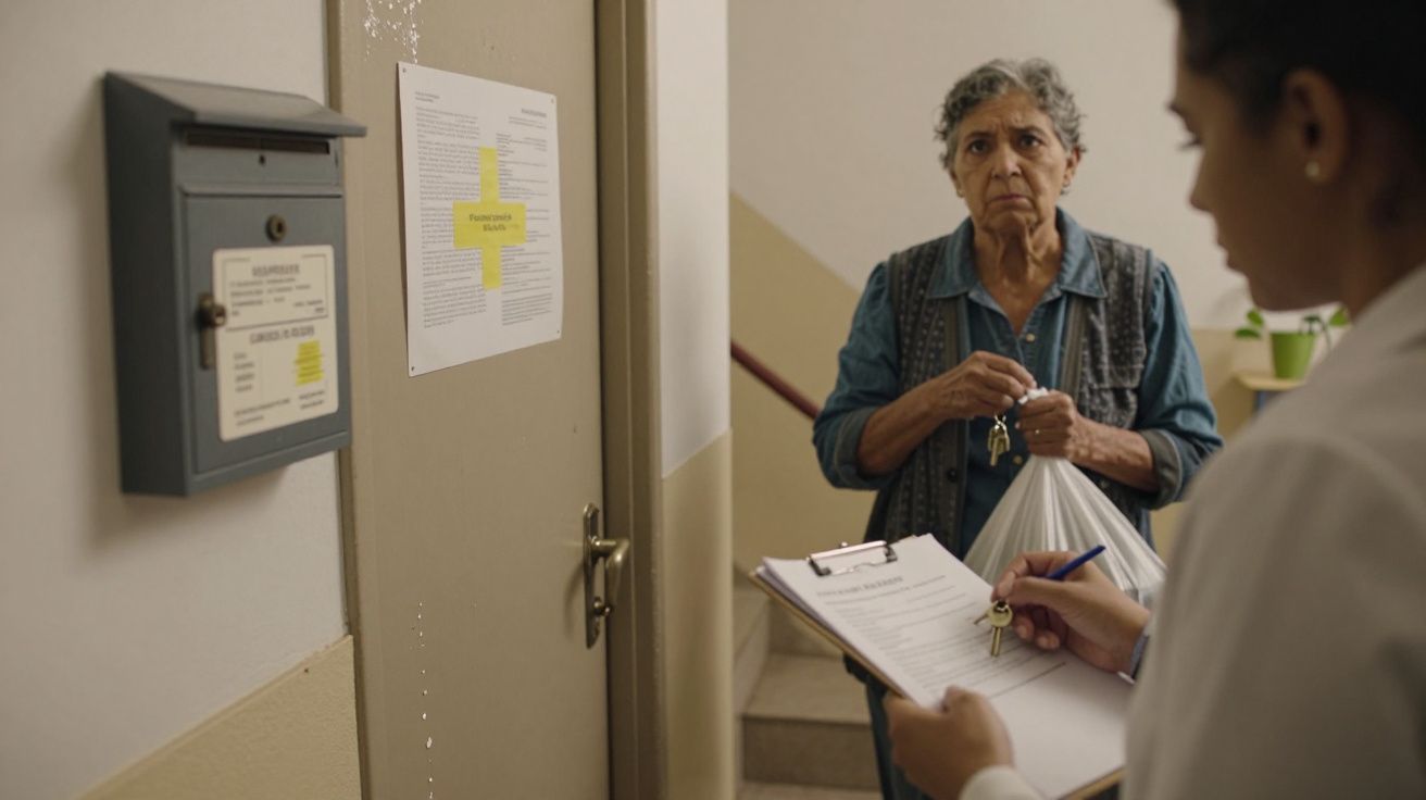 Mulher idosa com saco na mão, junto a uma porta, enquanto pessoa em primeiro plano preenche formulário.