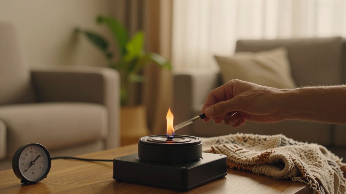 Mão acende um queimador de álcool numa mesa de madeira, com um tecido ao lado, num ambiente de sala de estar.