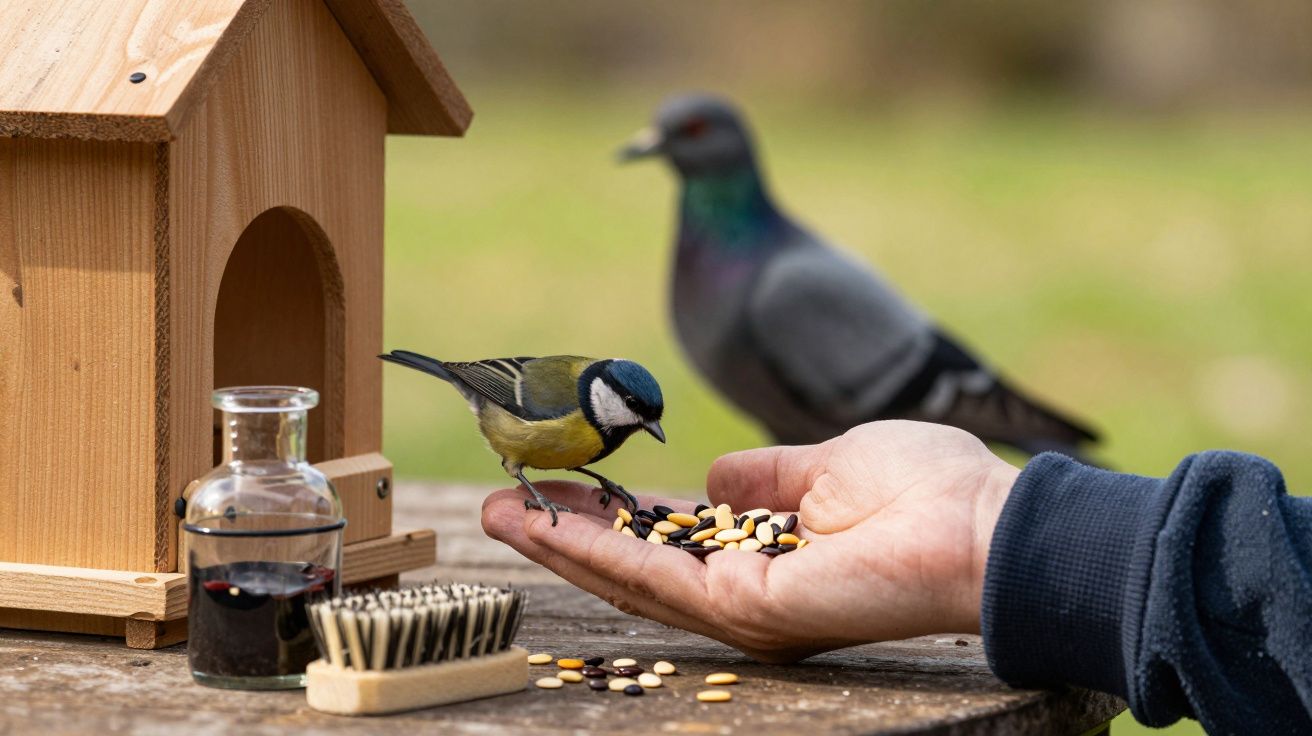 Mão segurando sementes para pássaros numa mesa, com duas aves próximas, incluindo um pardal em frente a uma casa de madeira.