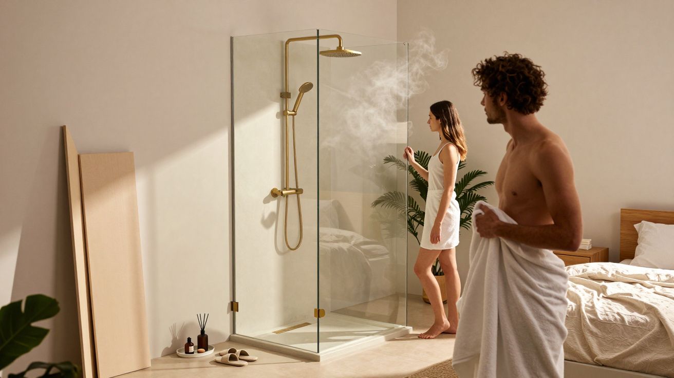 Mulher ajusta chuveiro dourado em casa moderna, homem observa, quarto com cama, planta e decoração minimalista.