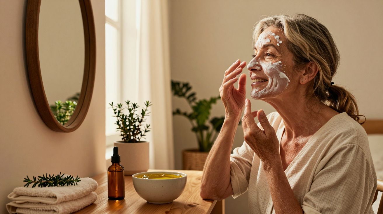 Mulher madura aplica creme facial em frente ao espelho, com plantas e toalhas ao lado.