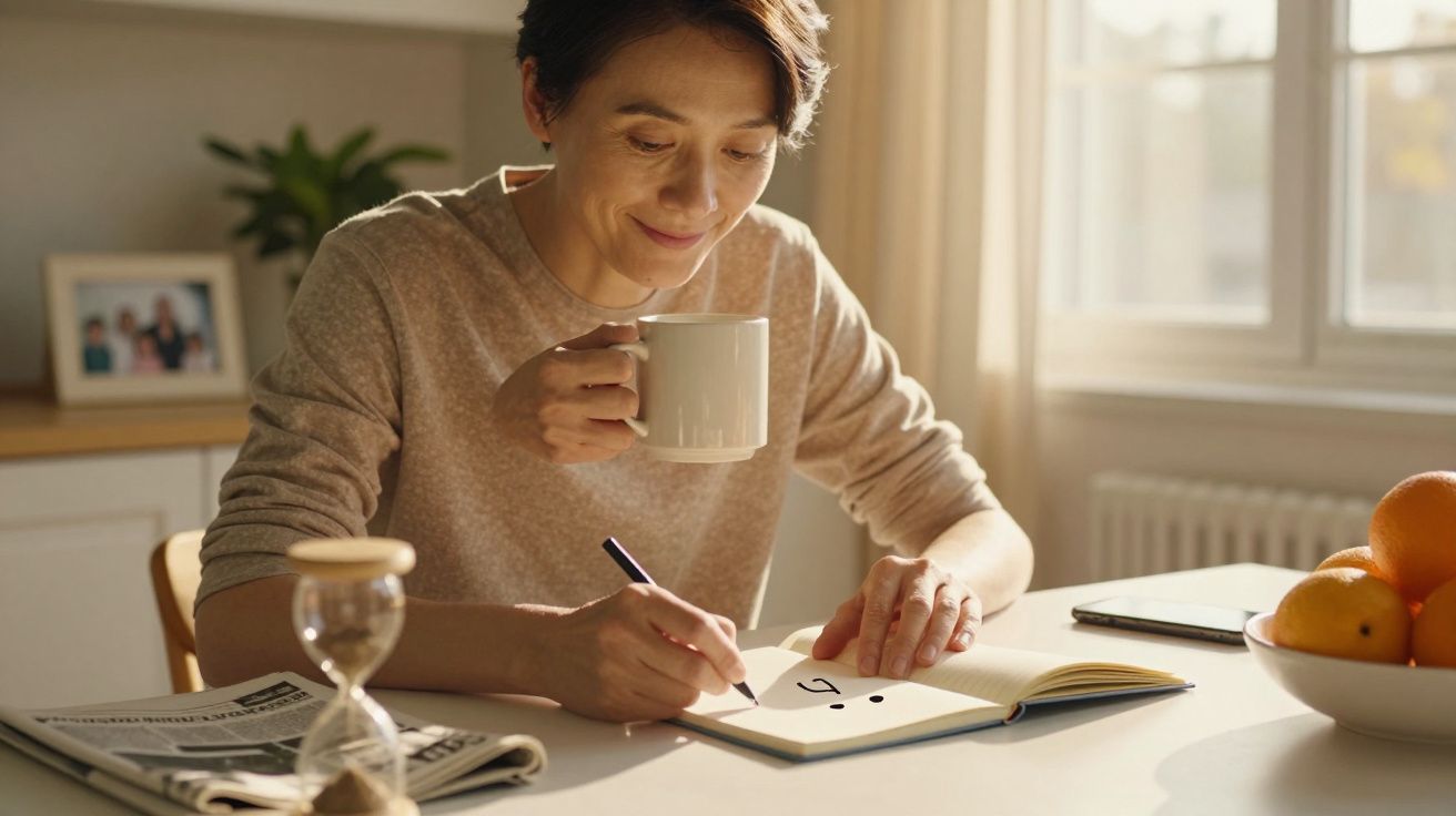 Mulher sorrindo escreve em caderno com caneta, segurando uma chávena de café, sentada à mesa com laranjas e ampulheta.