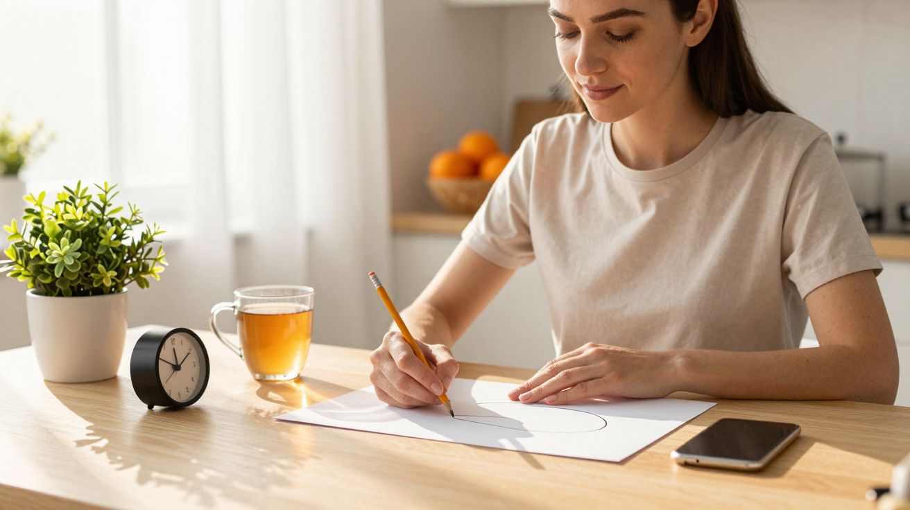 Mulher desenhando numa mesa com luz natural, cercada por chávena de chá, relógio, planta e telemóvel.