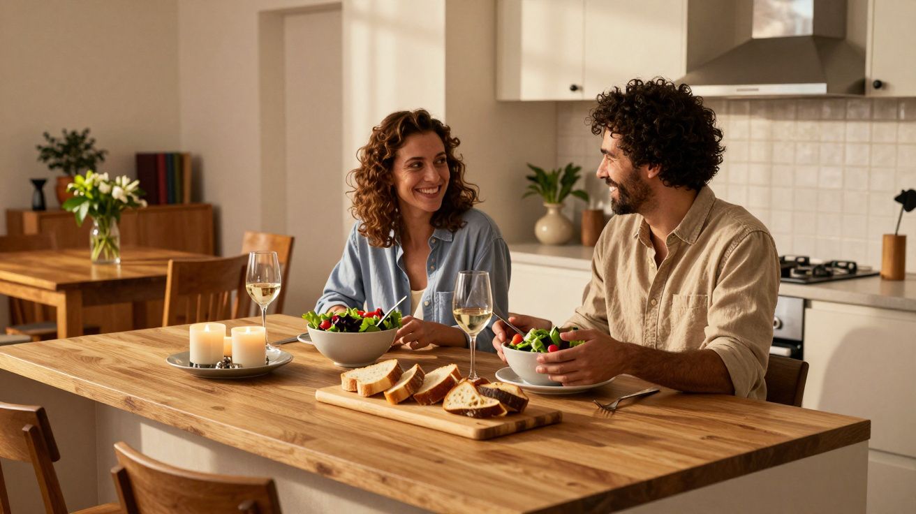 Casal a jantar num balcão de cozinha com salada, pão e vinho; ambiente acolhedor e iluminado.