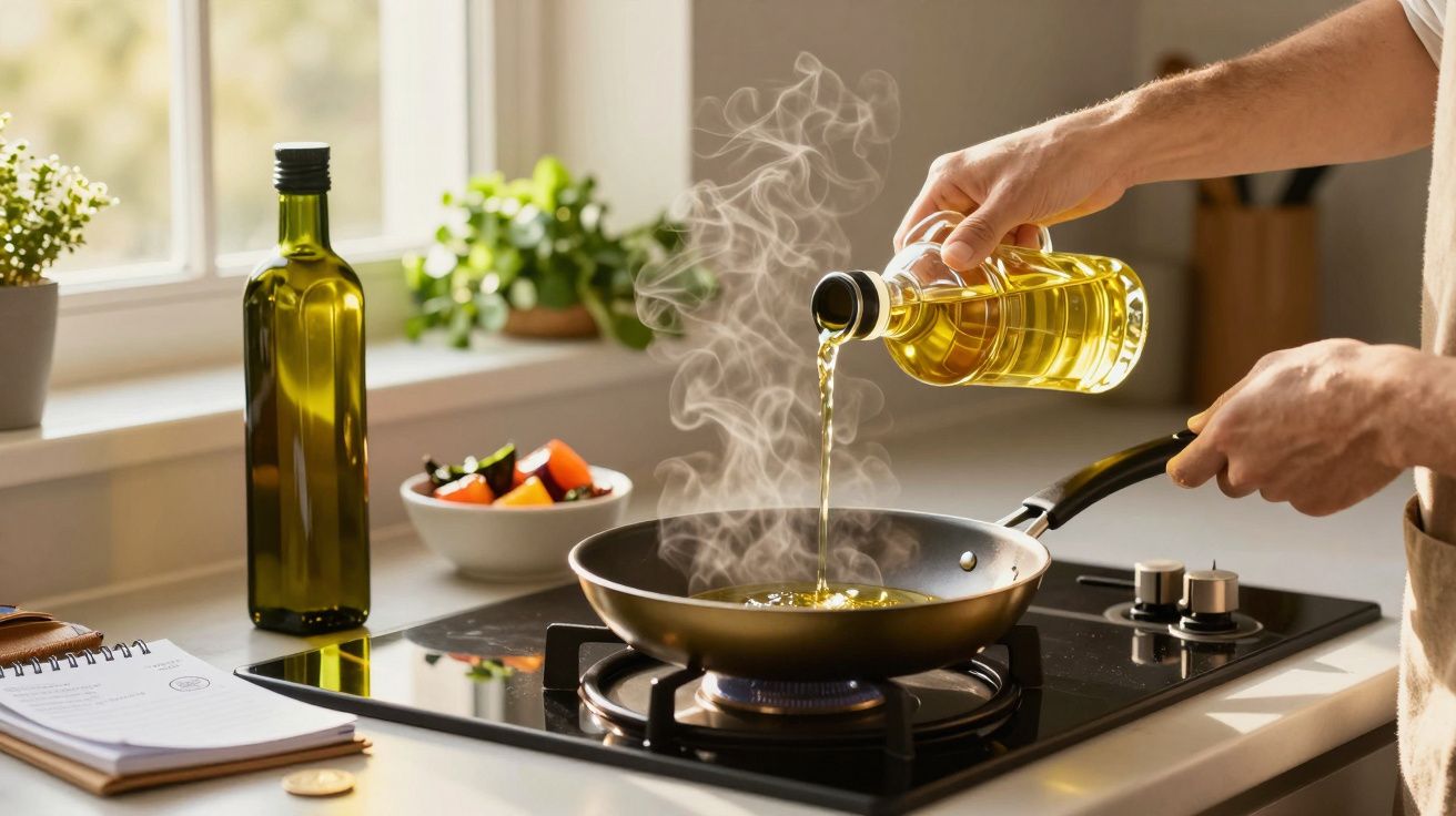 Pessoa a despejar azeite numa frigideira ao lume, com legumes ao fundo.