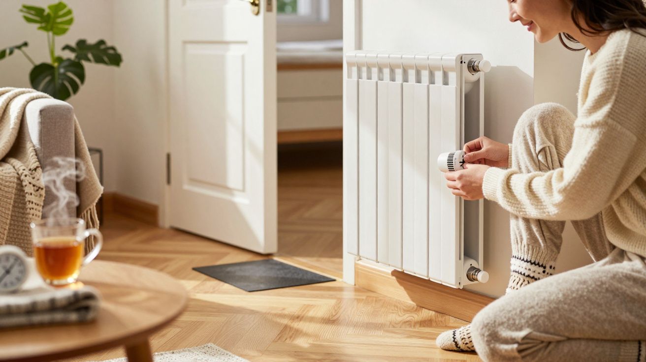Mulher ajusta aquecedor numa sala aconchegante com chá. Fundo com porta aberta e planta.