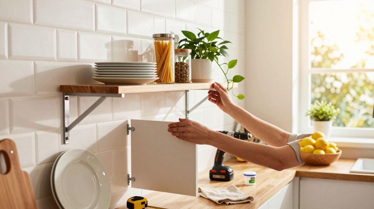 Pessoa instalando um armário de parede na cozinha, com plantas, pratos e frascos na prateleira superior.