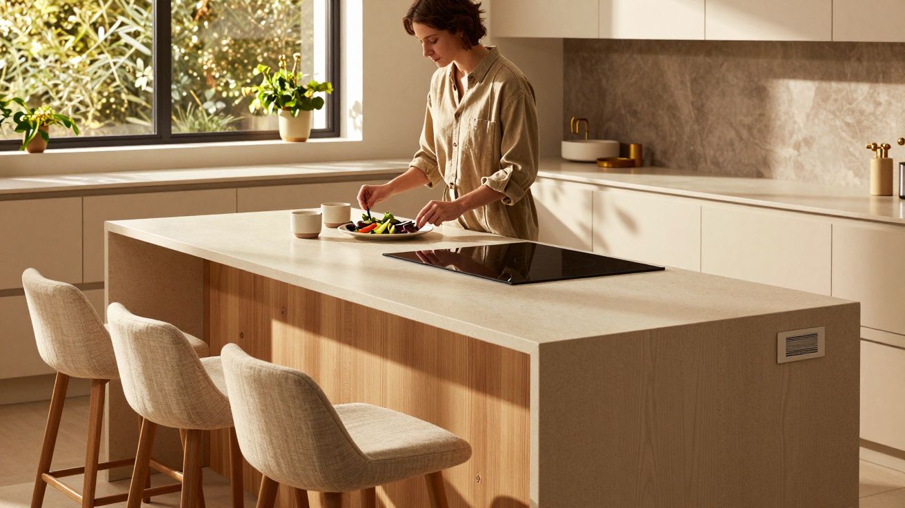 Mulher prepara salada numa cozinha moderna com bancada de madeira clara e cadeiras estofadas.