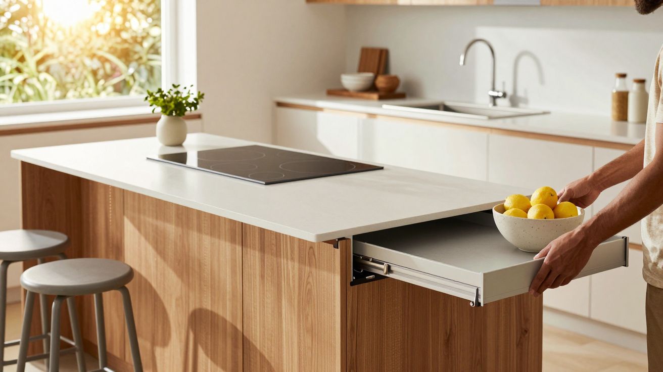 Cozinha moderna com bancada de madeira, fogão embutido e mão a retirar limões de uma gaveta.