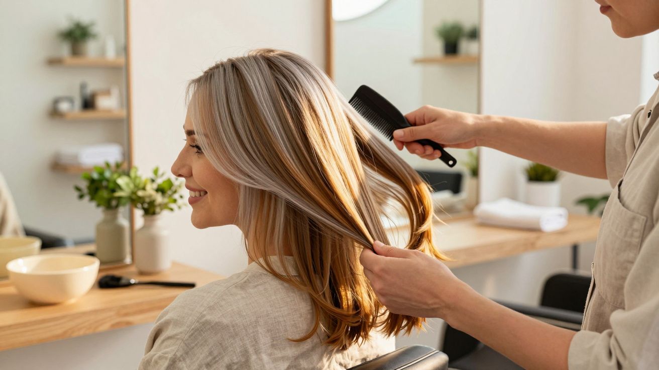 Mulher loira a sorrir enquanto um cabeleireiro penteia o cabelo num salão iluminado.