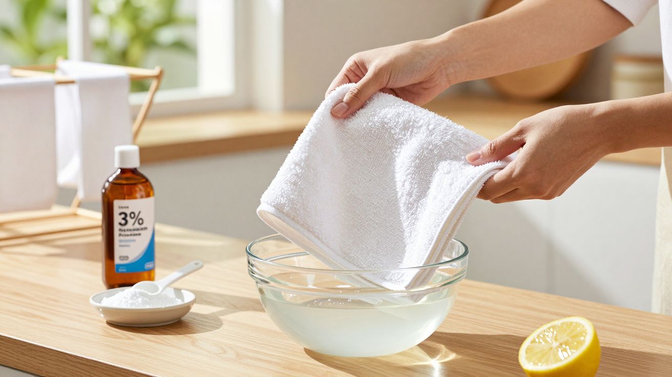 Mãos seguram pano branco sobre tigela com líquido; frasco de peróxido de hidrogénio e limão ao lado.