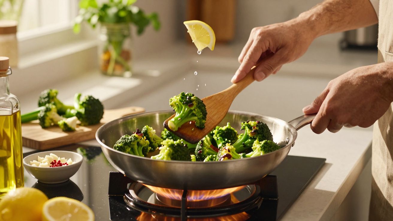 Pessoa cozinha brócolos numa frigideira, adicionando sumo de limão. Ingredientes variados e azeite ao lado.