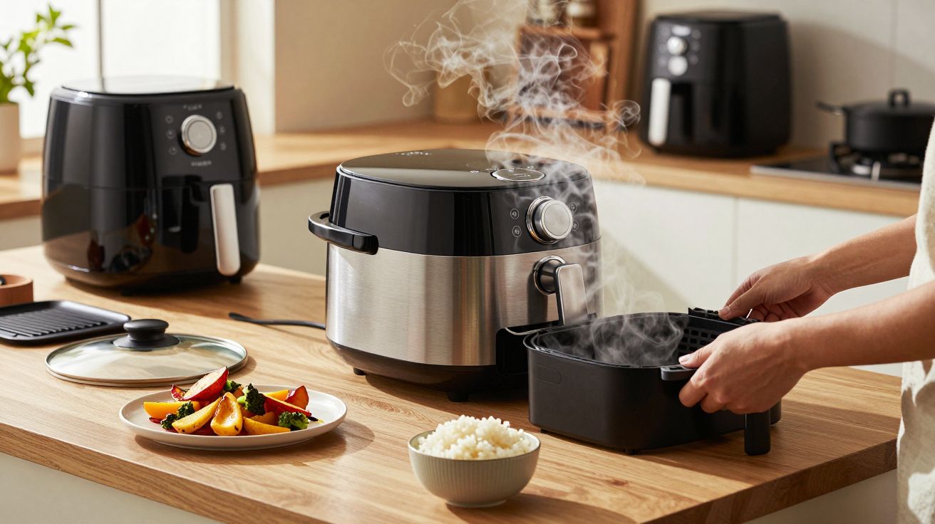 Pessoa a usar fritadeira elétrica numa cozinha moderna, com vapor visível. Prato de vegetais e arroz em cima da bancada.