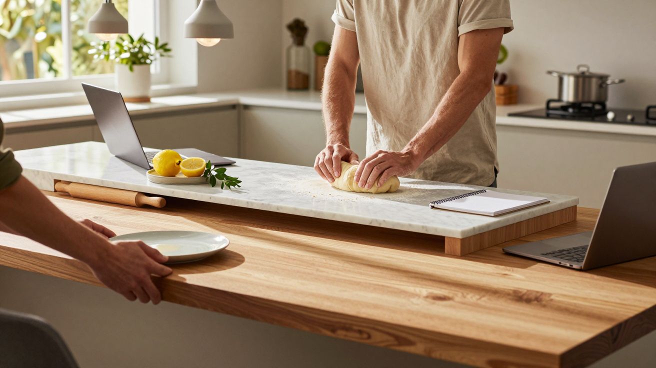 Homem a amassar massa numa bancada de cozinha com limões, portátil e caderno ao lado.