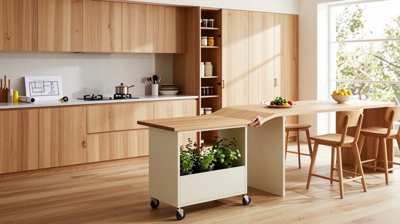 Cozinha moderna com armários de madeira clara, ilha central com plantas, cadeiras altas e janela grande à direita.