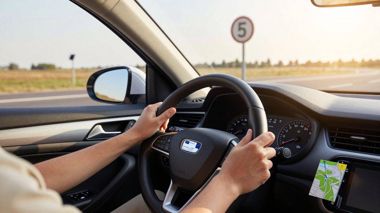 Pessoa a conduzir carro com GPS e sinal de limite de velocidade 5 ao fundo.