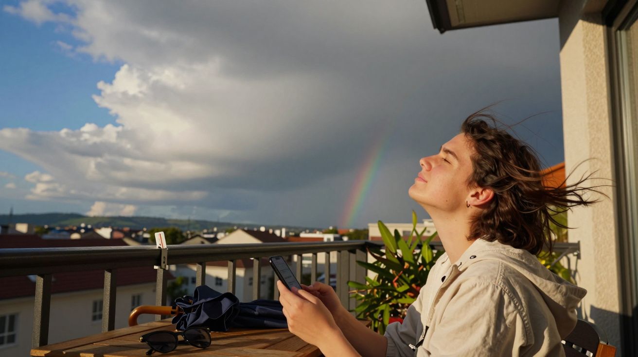 Pessoa relaxa numa varanda, segurando um telemóvel, com um arco-íris ao fundo e o vento a soprar nos cabelos.