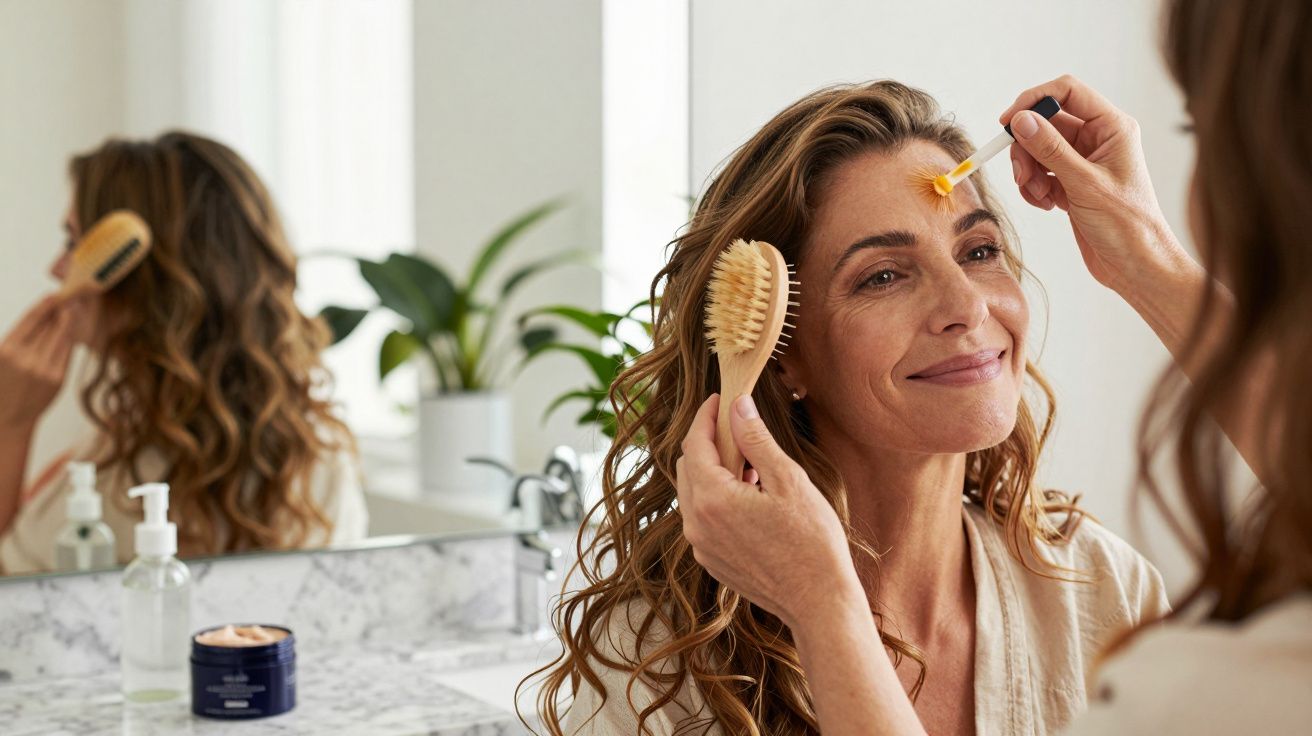 Mulher a sorrir, a aplicar creme no rosto com pincel, segurando uma escova na outra mão, em frente a um espelho.