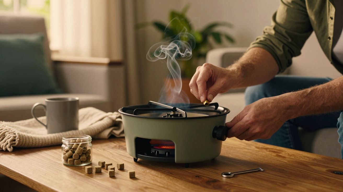 Homem acende um pequeno fogão portátil numa mesa de madeira, com uma chave inglesa ao lado.