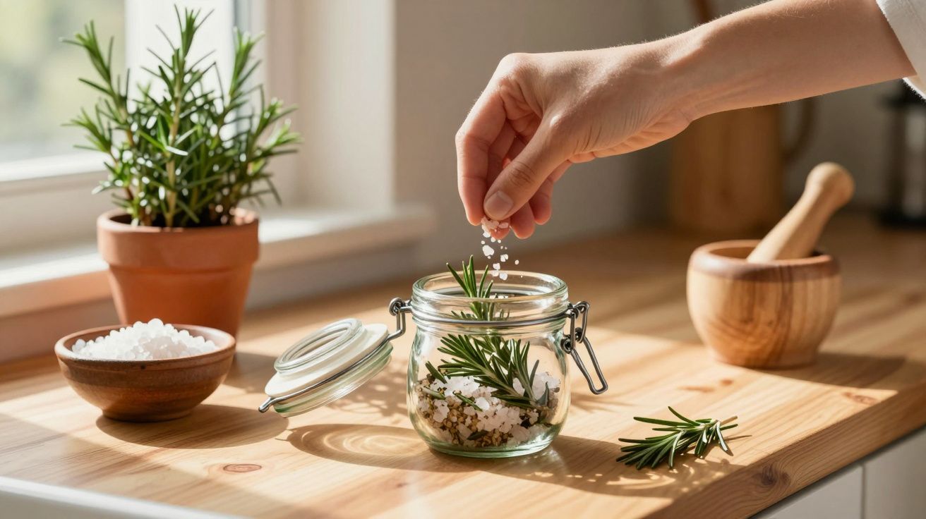 Mão adiciona sal numa jarra com alecrim numa cozinha iluminada pelo sol.