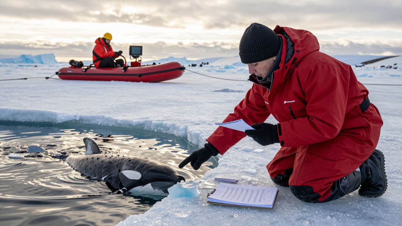 Investigador numa plataforma de gelo interage com uma orca. Outra pessoa está num barco insuflável ao fundo.