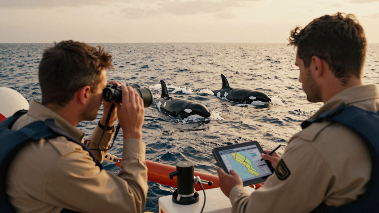Dois homens em barco observam orcas no mar; um usa binóculos e outro segura tablet.