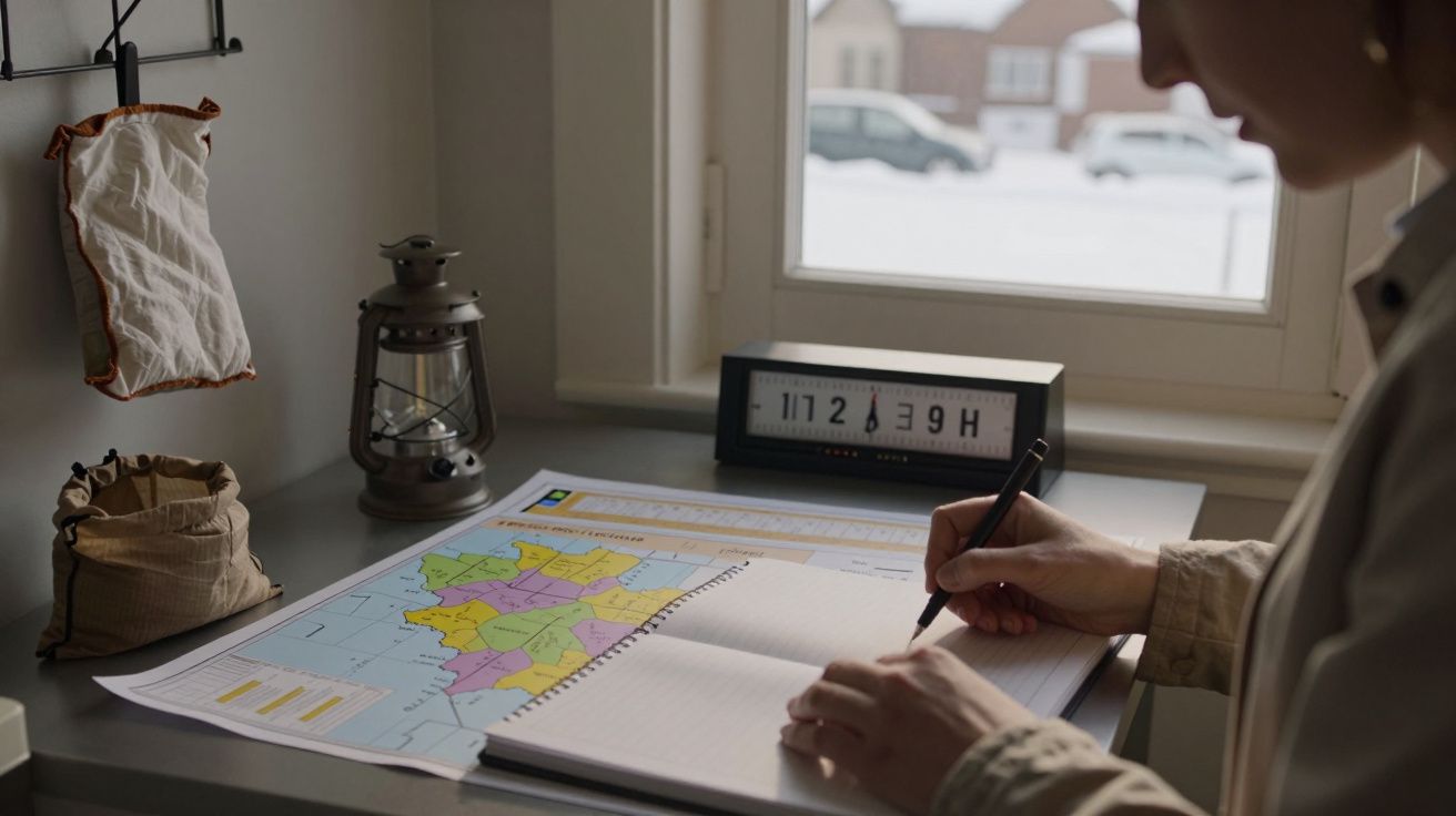 Pessoa a escrever num caderno ao lado de um mapa e um relógio digital, com neve visível pela janela ao fundo.