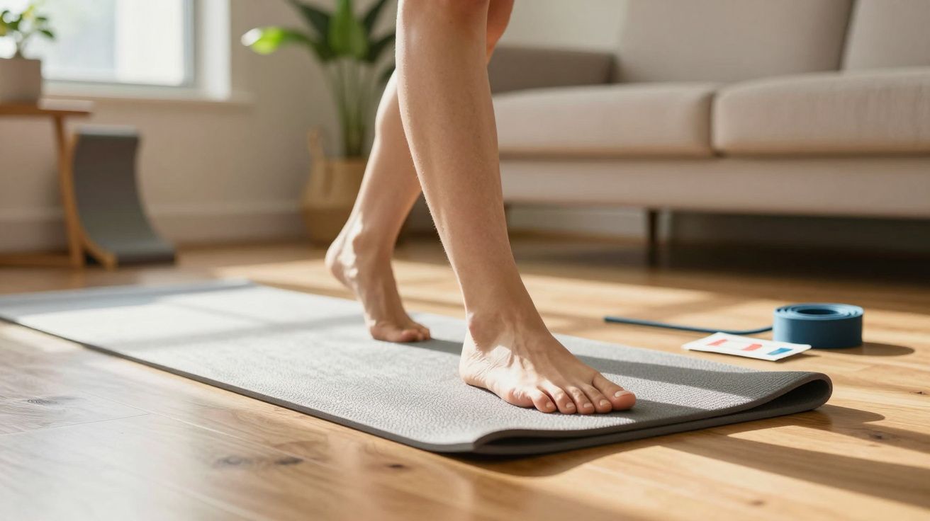 Pés descalços numa esteira de ioga, numa sala iluminada com sofá ao fundo, chão de madeira e planta ao lado.