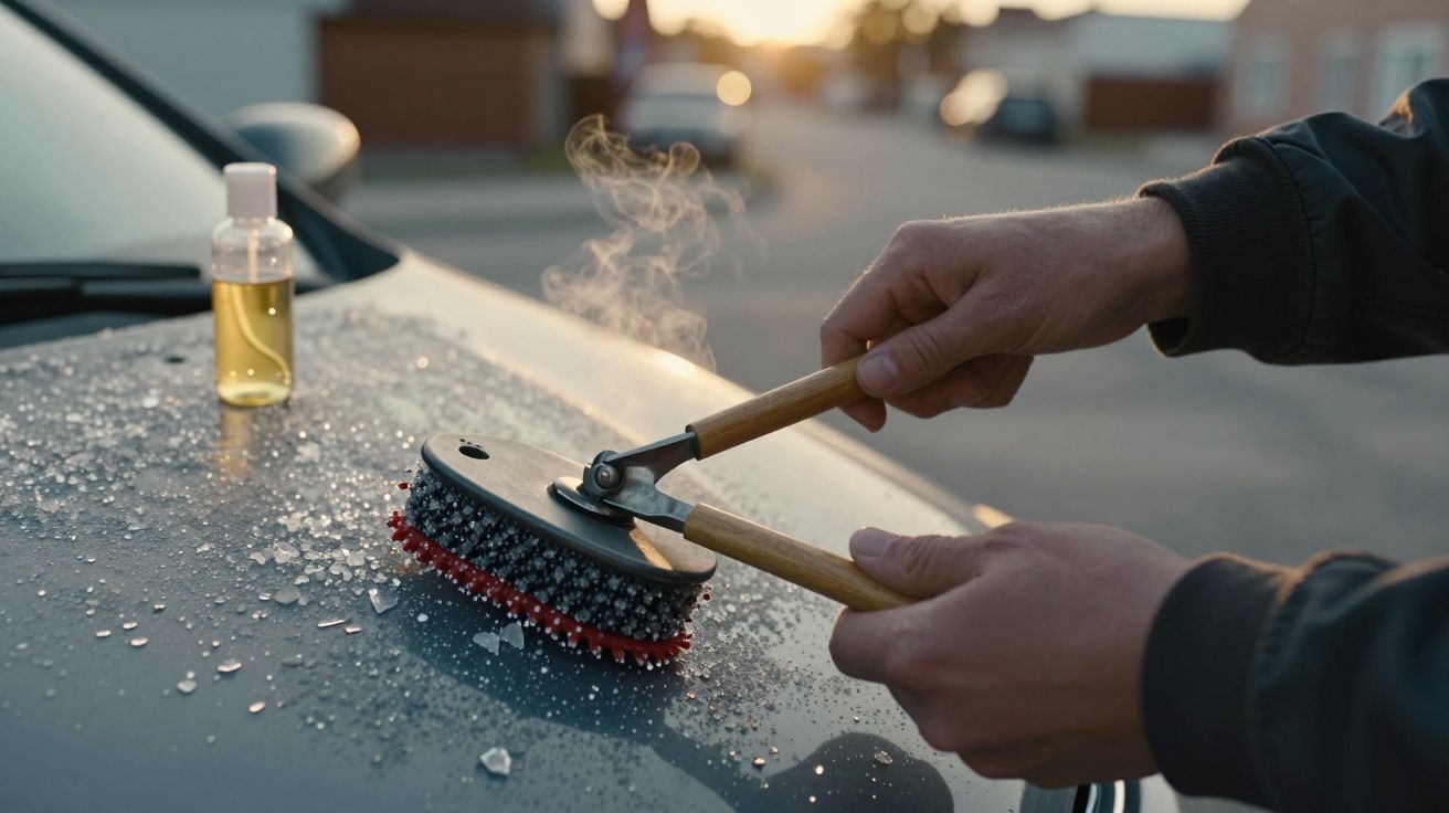 Mãos seguram escova sobre capô de carro congelado. Frasco de líquido descongelante ao lado.