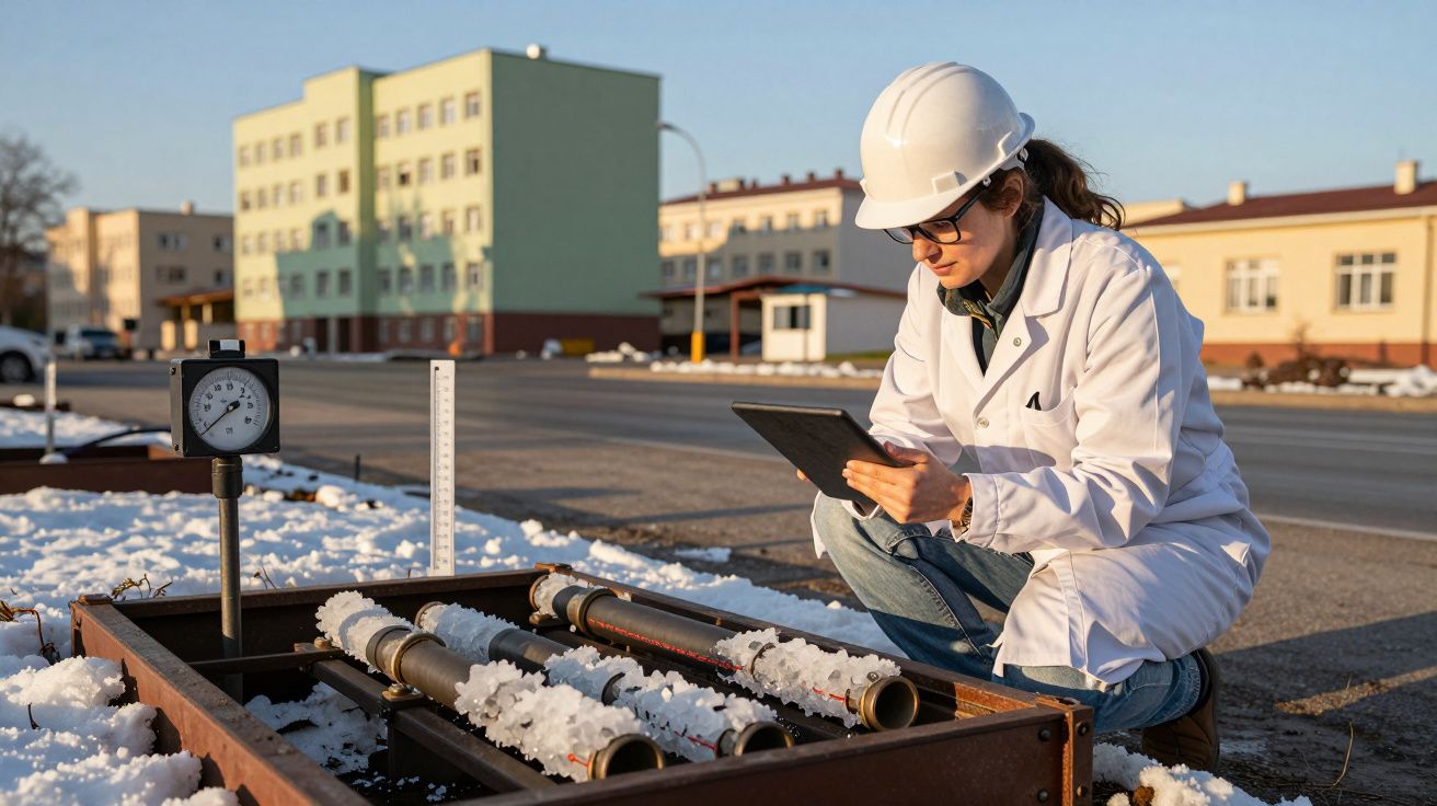 Mulher de capacete e jaleco examinando equipamento ao ar livre, segurando um tablet, com neve ao redor.