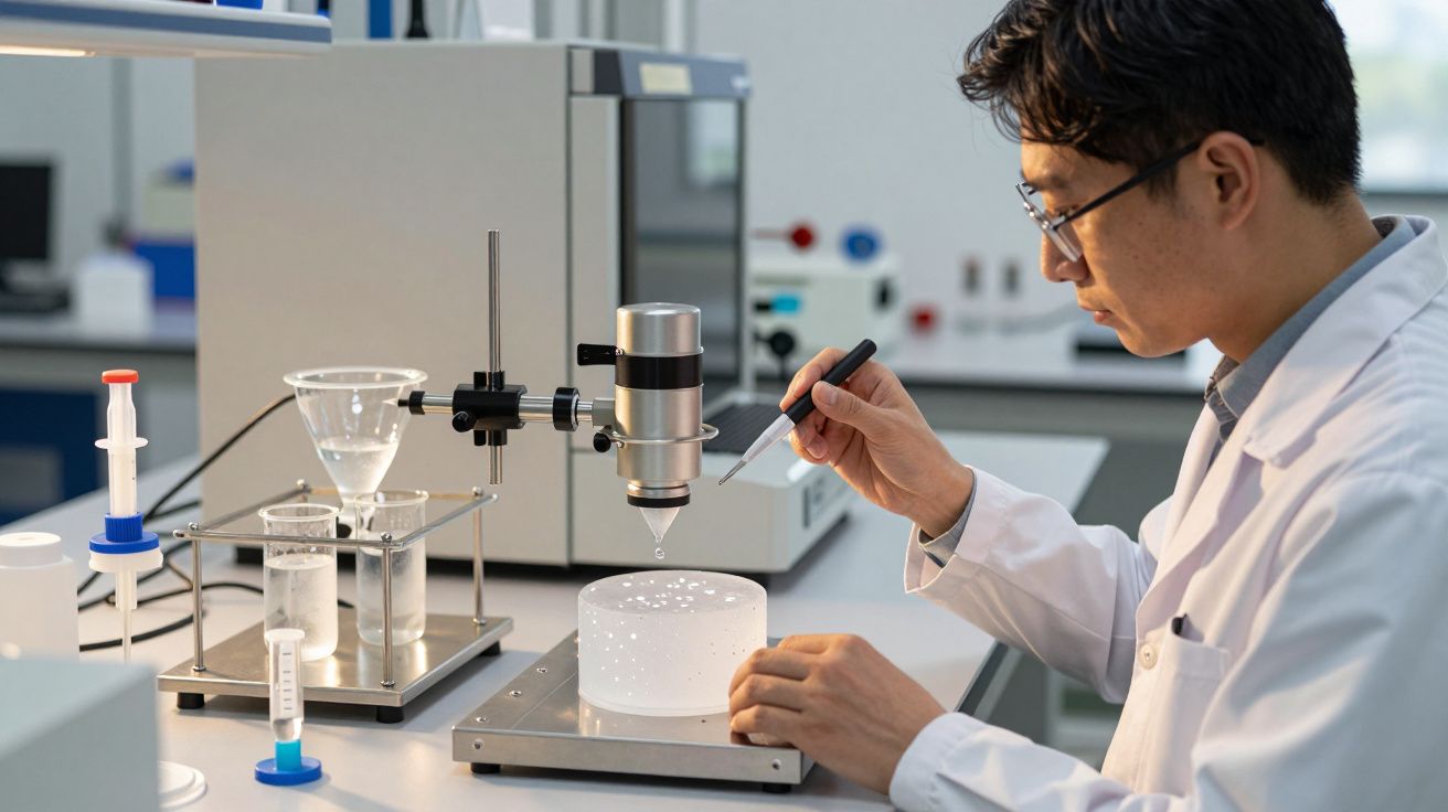 Cientista num laboratório realizando um experimento com equipamento de medição sob microscópio.