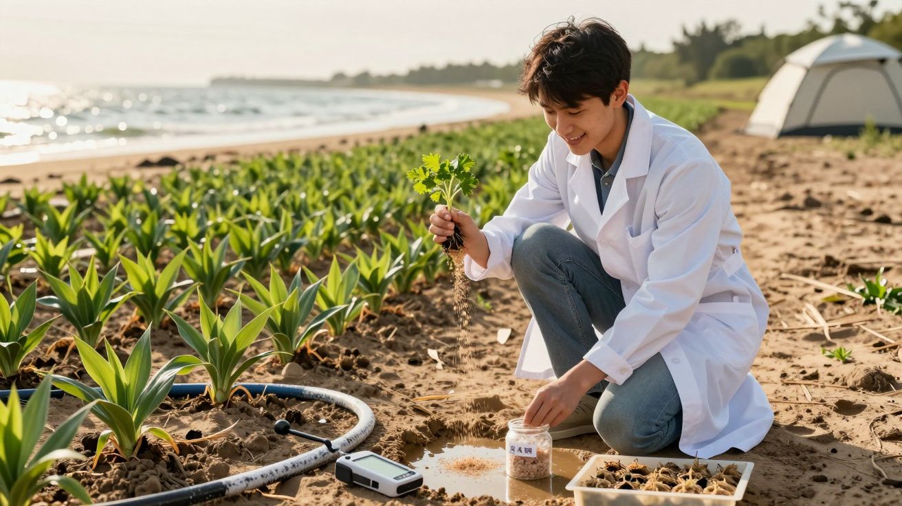 Cientista de bata branca examina planta em campo agrícola junto ao mar, com equipamento de análise do solo.