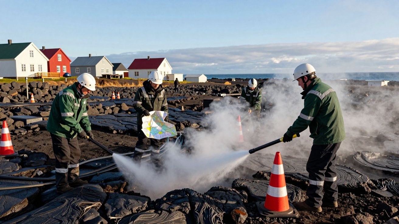 Trabalhadores em roupas de segurança controlando vapor em solo vulcânico, com casas coloridas ao fundo.