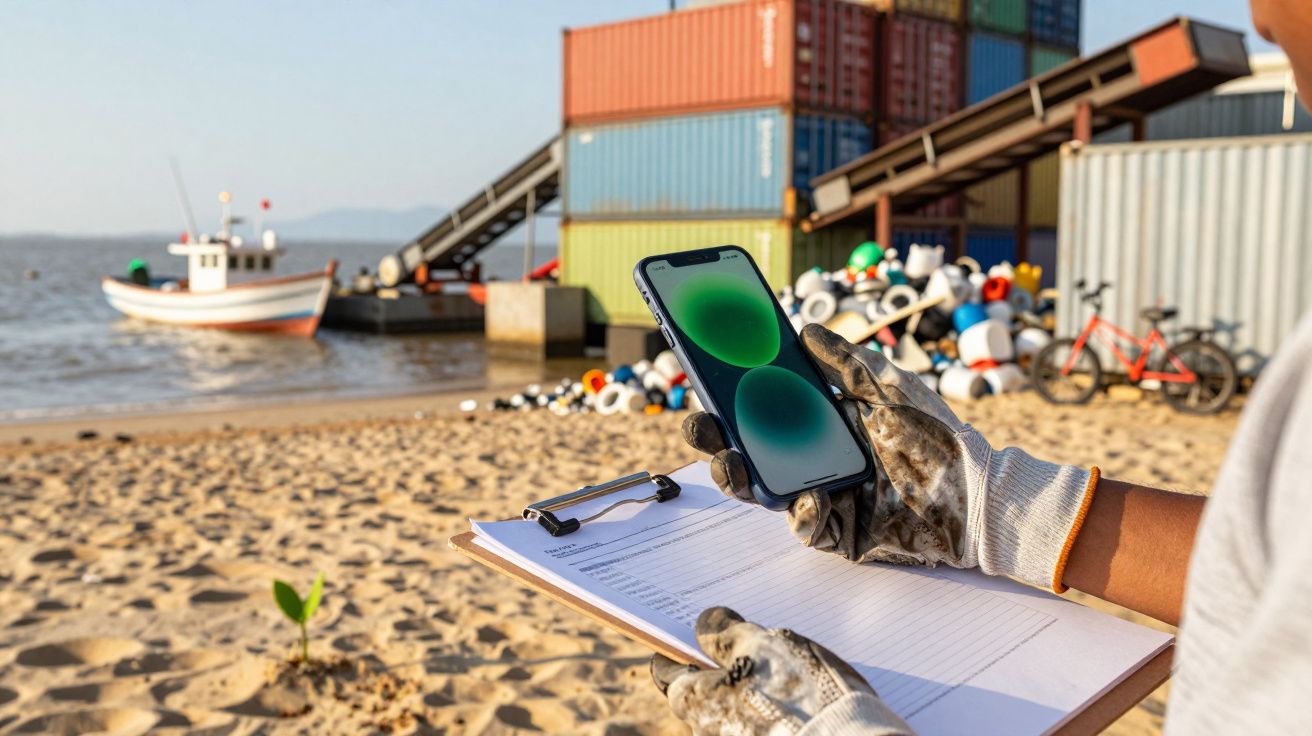Pessoa com luvas segura smartphone e prancheta numa praia, com contentores e barco ao fundo.