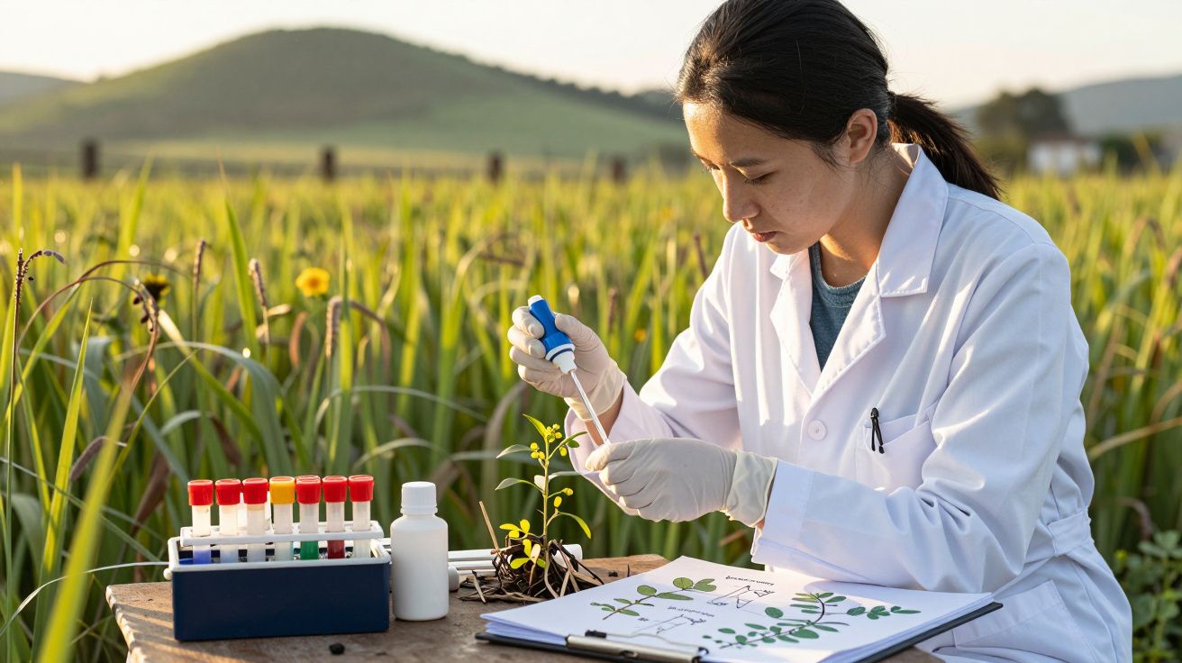 Cientista em campo agrícola analisando plantas com tubos de ensaio e caderno de anotações.