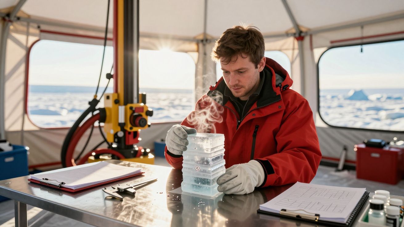 Investigador com casaco vermelho analisa amostras de gelo numa tenda no Ártico.