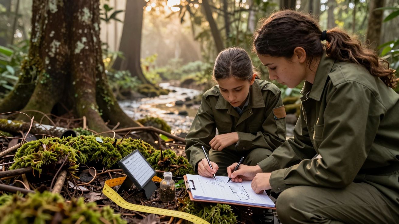 Duas pessoas em uniforme verde fazem anotações num bloco no meio da floresta perto de um riacho.