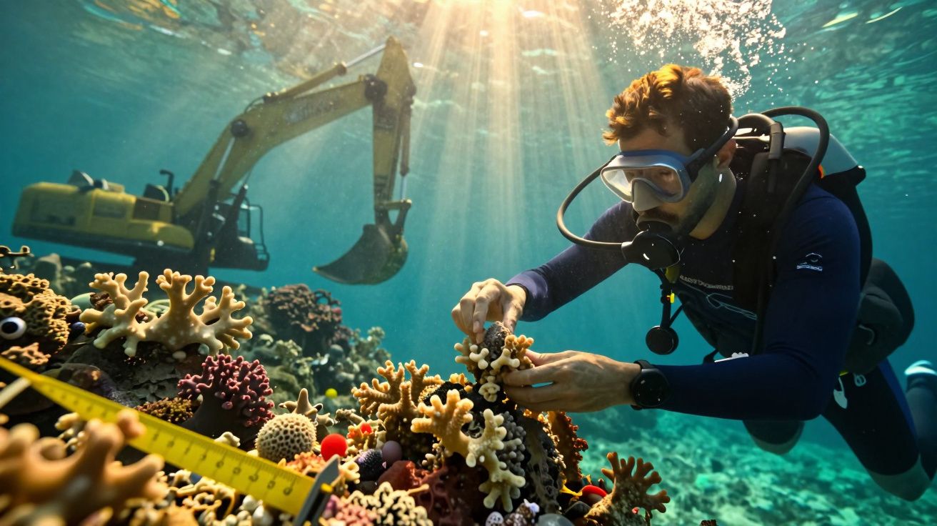 Mergulhador observa corais sob a água com escavadora ao fundo.