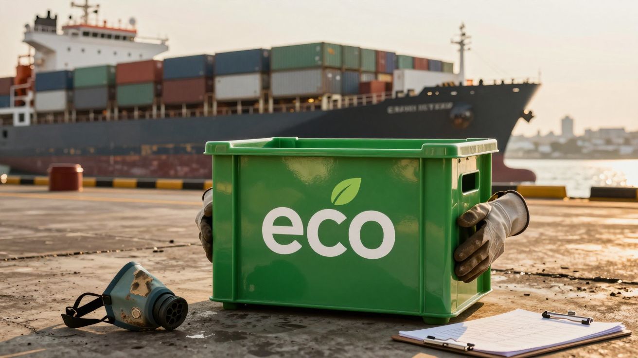Caixa verde com "eco" em destaque, luvas, máscara e navio porta-contentores ao fundo num porto.