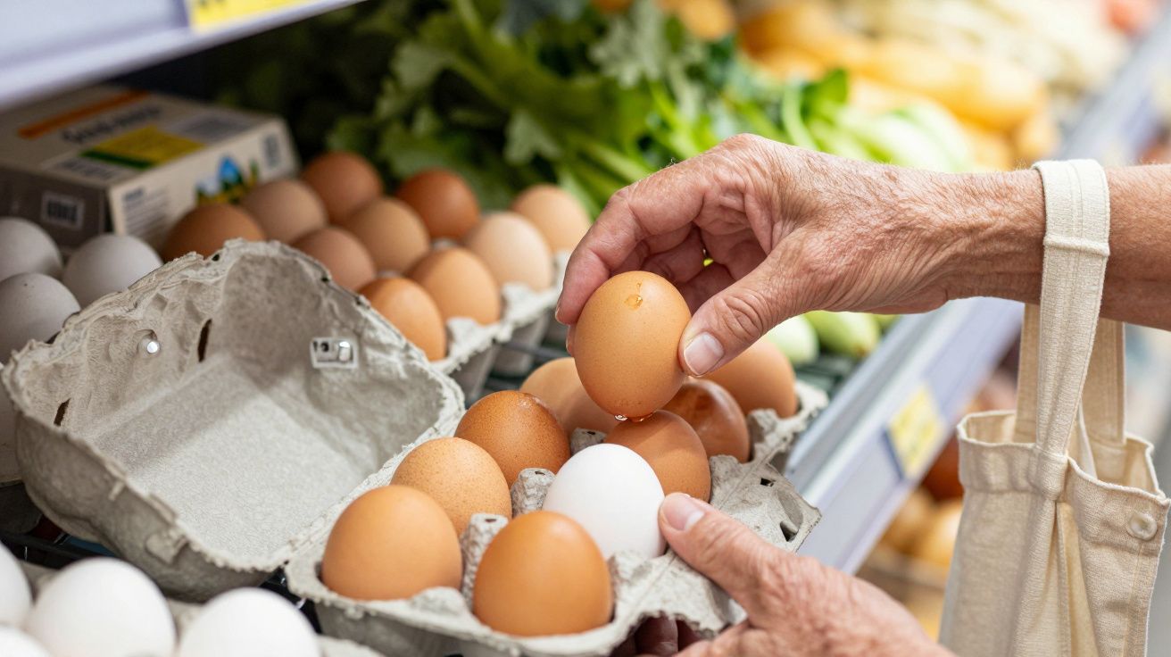Pessoa escolhendo ovos castanhos numa embalagem de cartão num supermercado.