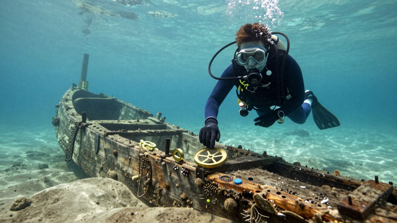 Mergulhador explora naufrágio submarino decorado com objetos antigos e vida marinha.