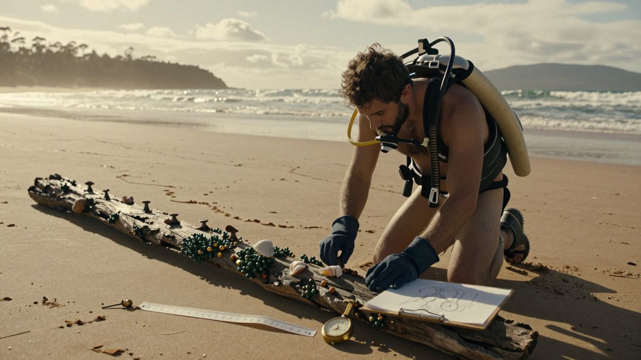 Homem com fato de mergulho examina pedaço de madeira na praia, usando caderno e equipamentos de medição.