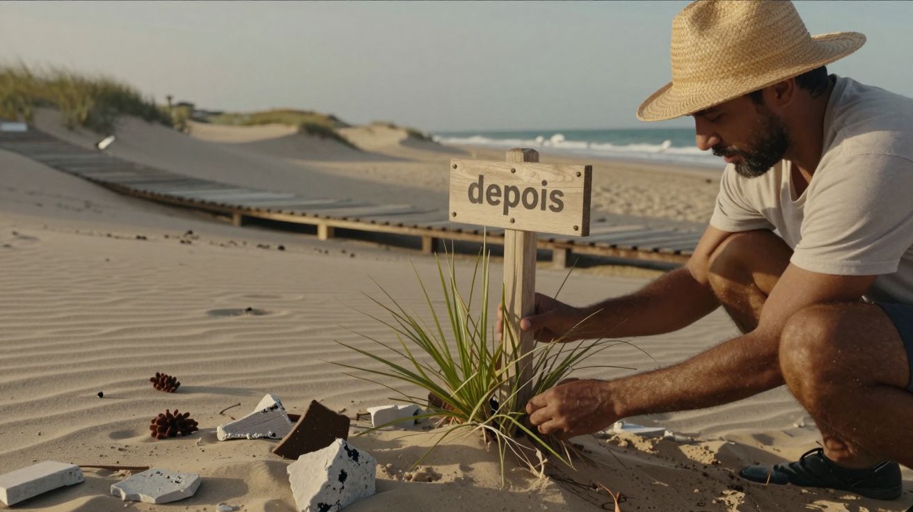 Homem com chapéu cuida de planta junto a placa "depois" numa praia com passadiço ao fundo.